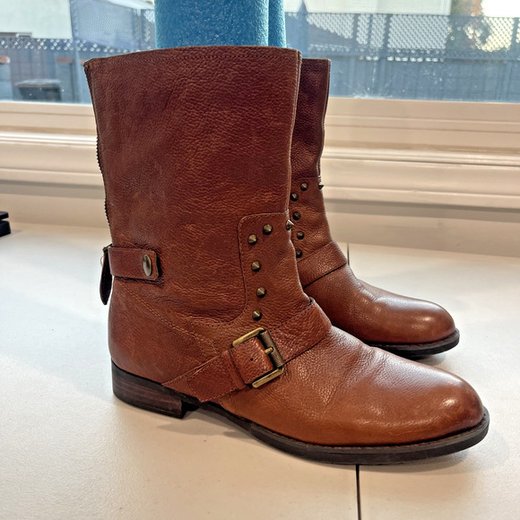 Franco Sarto Sz 8.5 M Privy Brown Leather Moto Boots Pull On Spikes Buckles FLAW - Picture 4 of 11